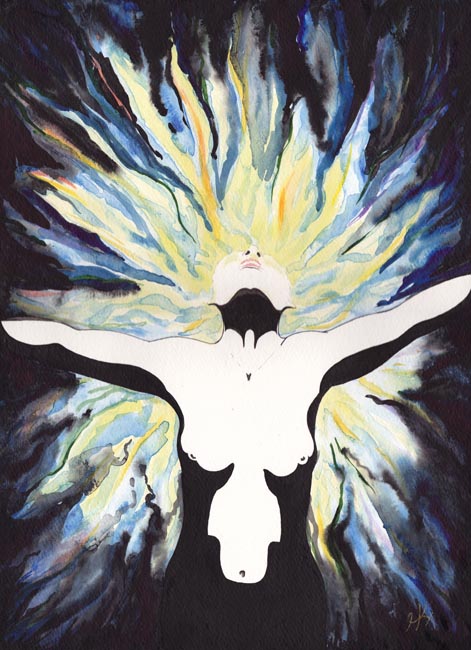 A woman shown from the hips up, head thrown back and arms extended. Behind her head explodes a cacophony of colors, streaking through the darkness that surrounds her.