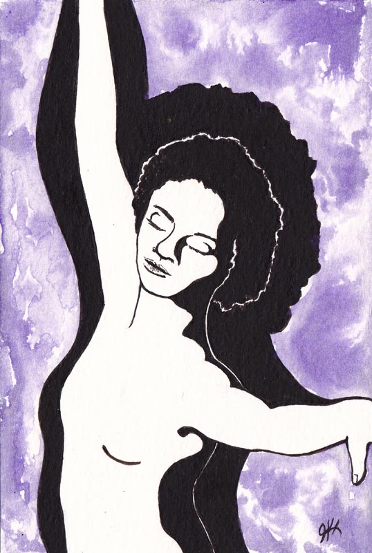 A black woman moves gracefully against a purple background, lips curved in a not-quite-smile.