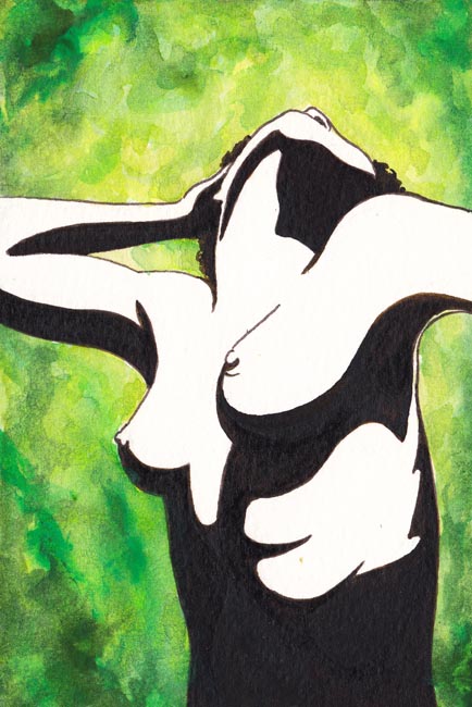 A nude woman throws her head back in graceful movement against a background of mellifluous green.