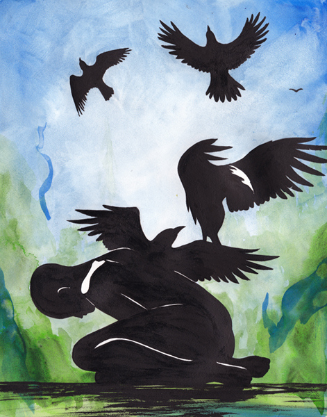 A silhouetted figure kneels against a blue-and-green background, ravens emerging from hir back and winging into the sky.