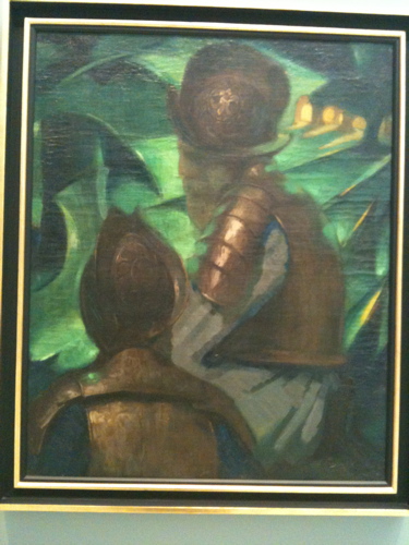 A Cubist painting of a knight in gold on a vivid green background.