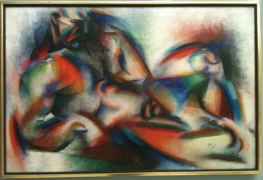 A Cubist painting of a reclining figure in vivid blue, green, and red.
