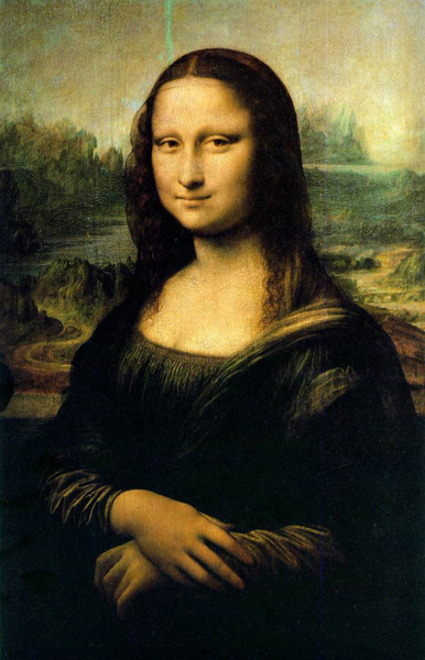 The Mona Lisa, by Leonardo da Vinci. Portrait of a woman with an enigmatic half-smile.