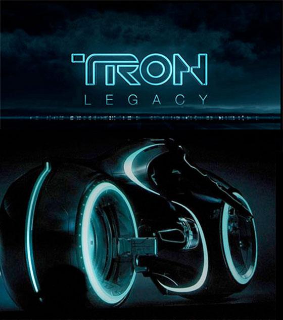 Movie poster for TRON: Legacy. A lightcyle in the foreground.