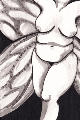 A voluptuous woman with wings flies up and out of view.