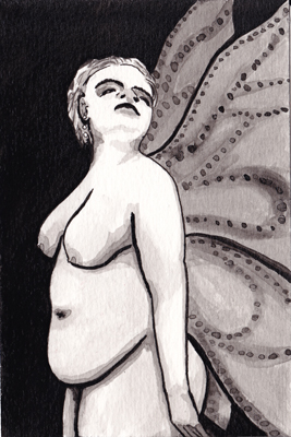 A voluptuous woman with wings stands proudly.