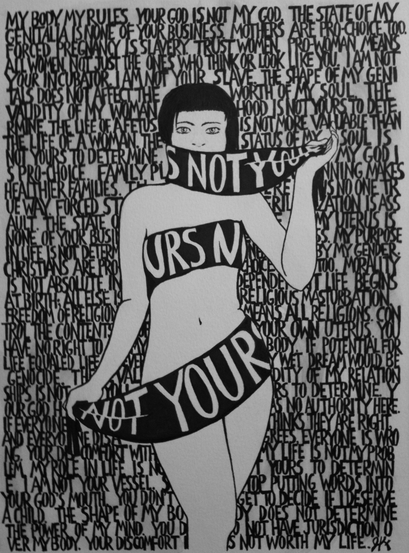 A woman stands facing you, wrapped in a scarf on which the words 