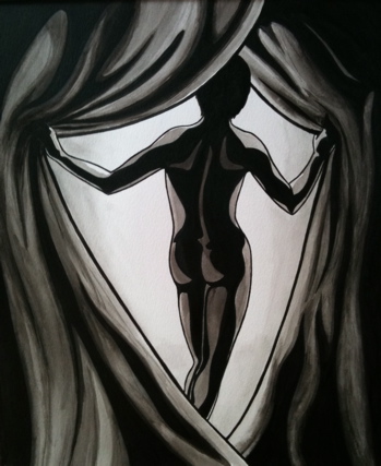 An androgynous figure seen from behind, parting a veil to reveal light beyond.