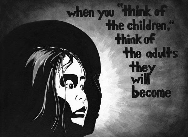 A child's face seen in profile, the shadow of an adult face behind. A light appears behind the shadow, highlighting words that say \